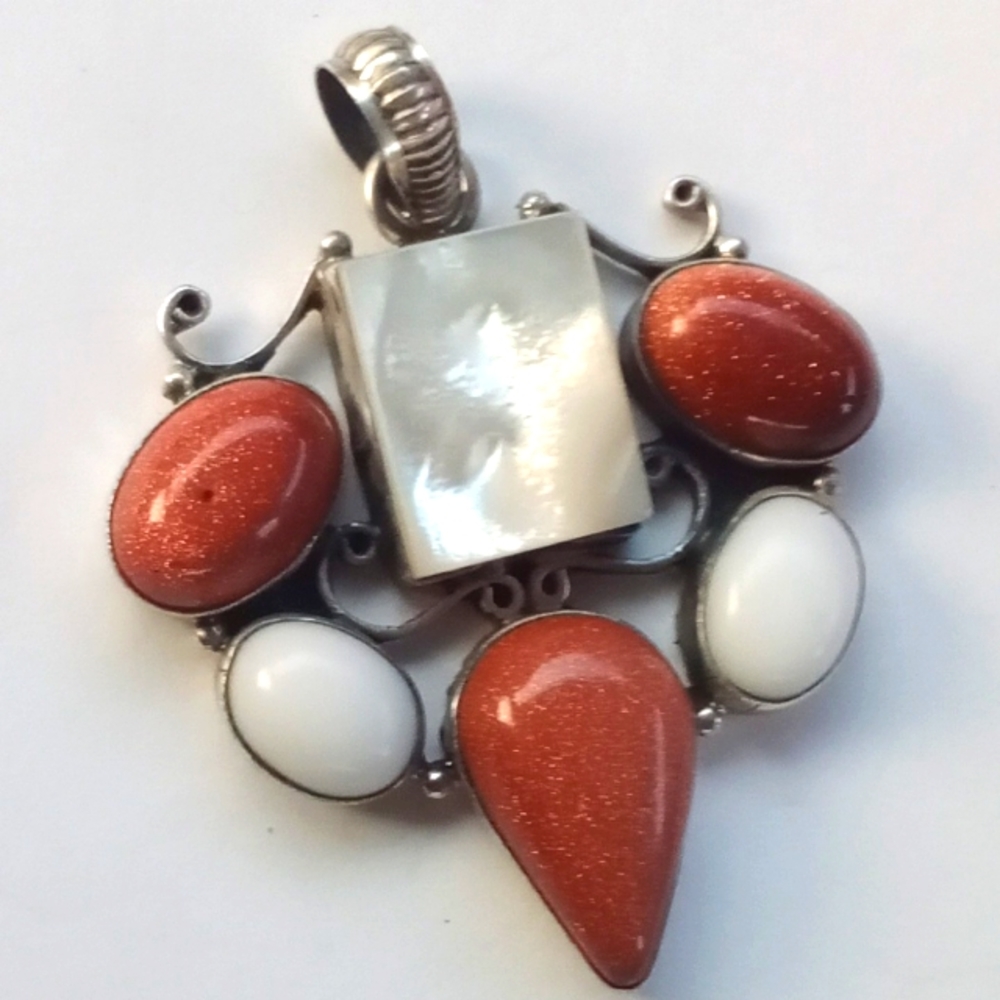 Sterling Silver 925 gemstone large pendant .Moonstone mother ofpearl